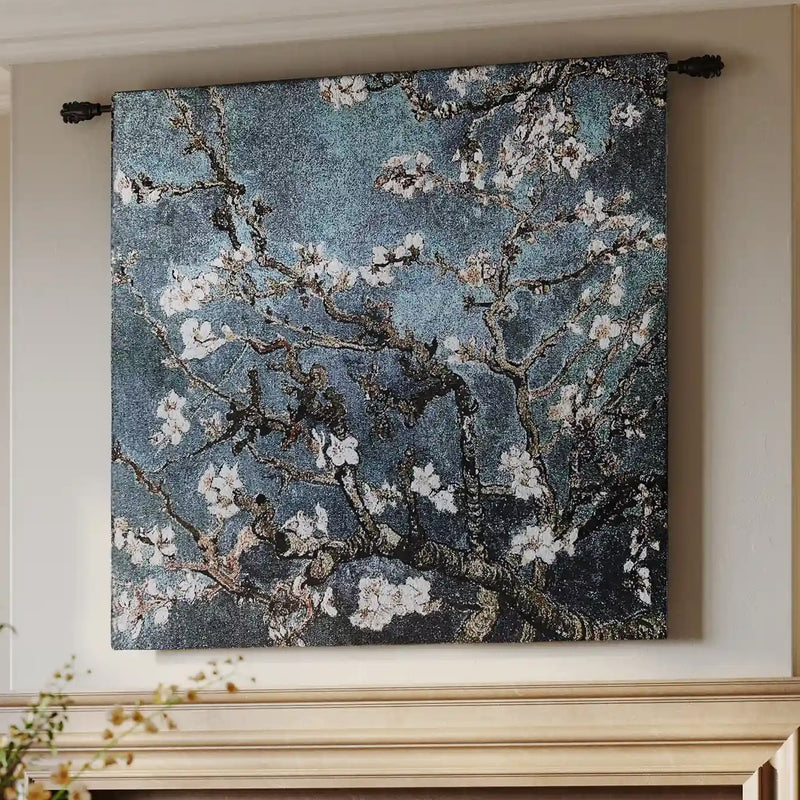 Almond Blossom Blue Square Wall Tapestry