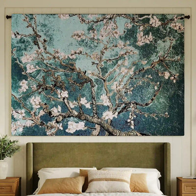 Almond Blossom Teal Horizontal Wall Tapestry