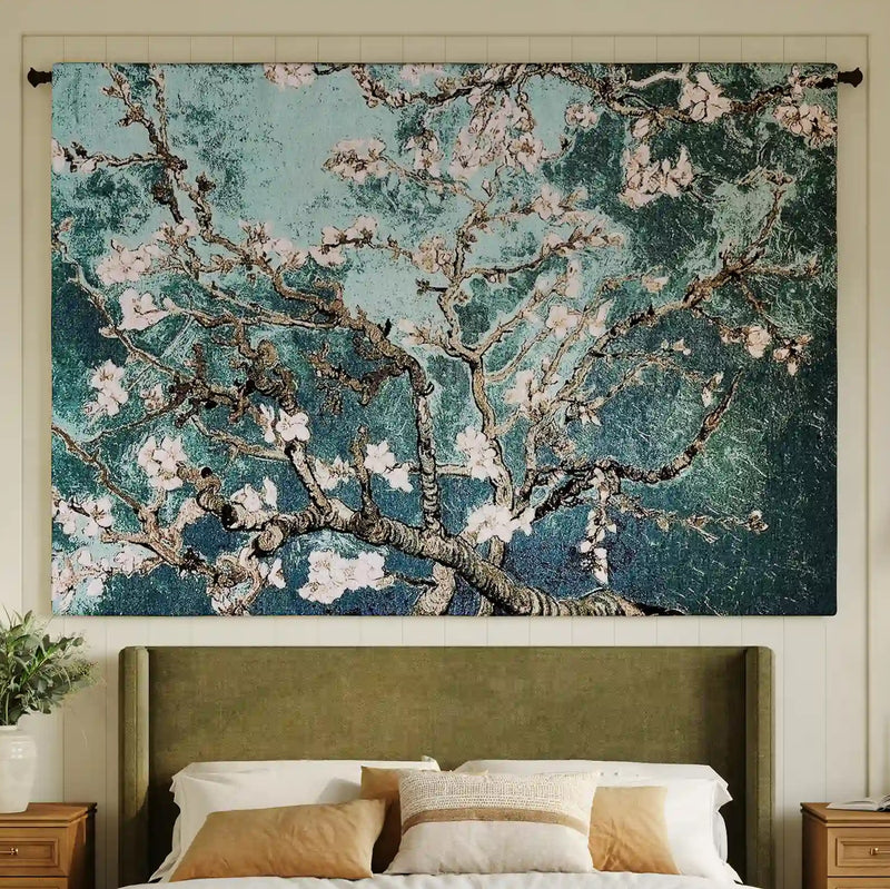 Almond Blossom Teal Horizontal Wall Tapestry