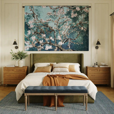 Almond Blossom Teal Horizontal Wall Tapestry