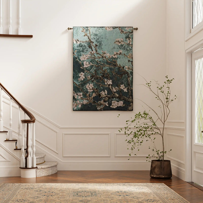 Almond Blossom Teal Vertical Wall Tapestry