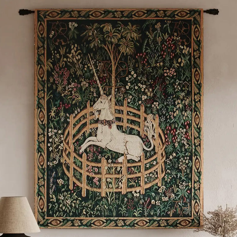 Unicorn In Captivity II with Border Belgian Wall Tapestry