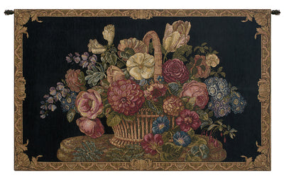 Flower Basket with Black Chenille Background Italian Wall Tapestry