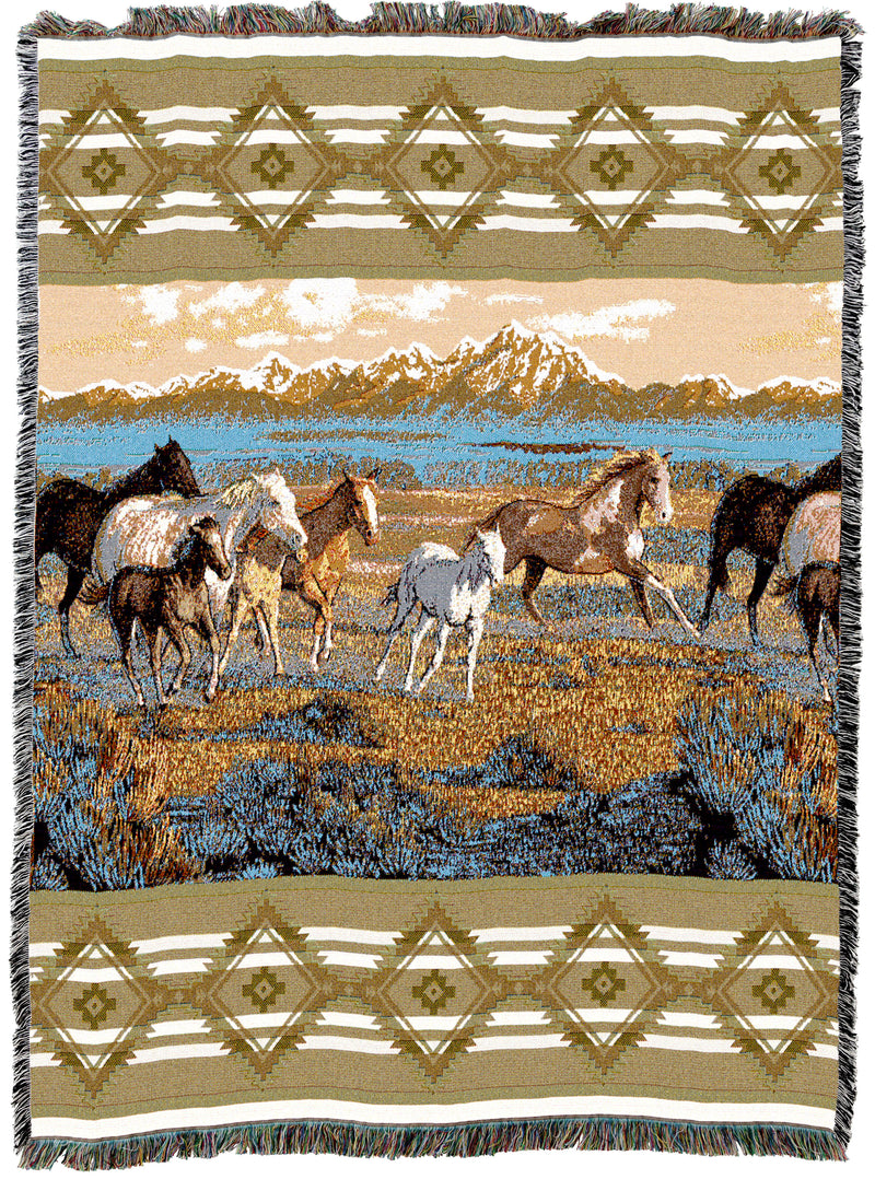 Wild Horses Beige Tapestry Throw